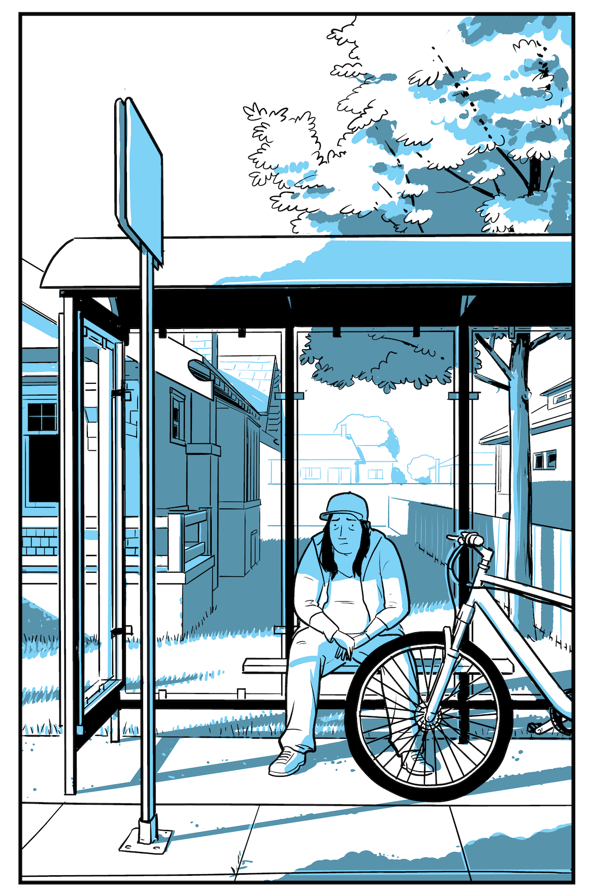 A woman sits at a bus stop waiting for a bus. Next to her is a bicycle. Something is bothering her. 