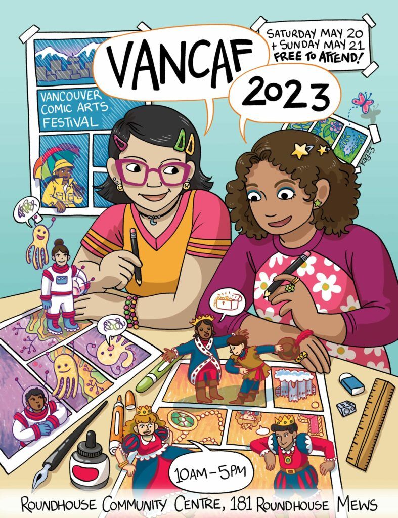Two young people draw comics together. The comics they are drawing are coming to life in front of them. "VanCAF, 2023 Saturday, May 20 and Sunday, May 21. Free to attend!"