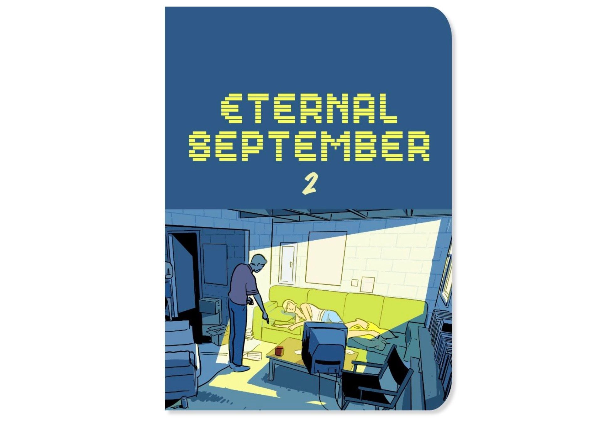  Cover titled "Eternal September 2." Features a man standing in a cluttered basement room, looking at a teenage boy on a green sofa. Somber and introspective.
