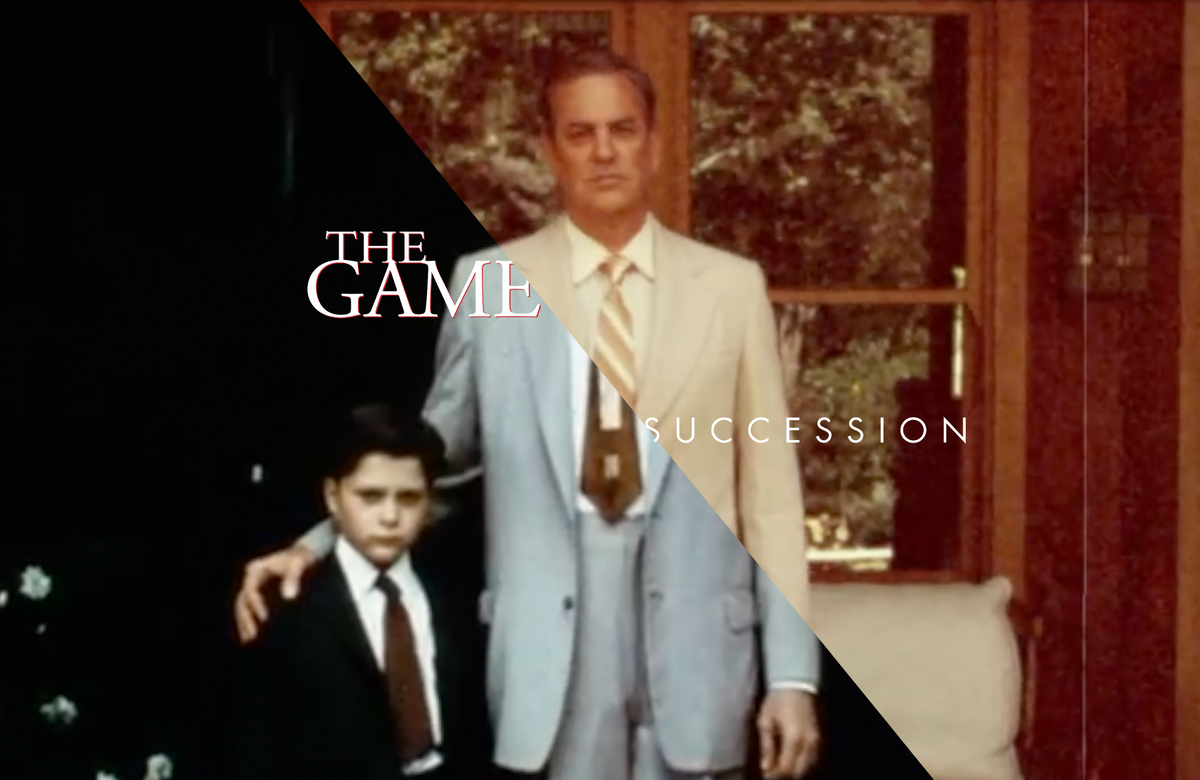 2 similar images combined: man in suit, arm on boy's shoulder. 1 from "The Game", other "Succession". Logos included.
