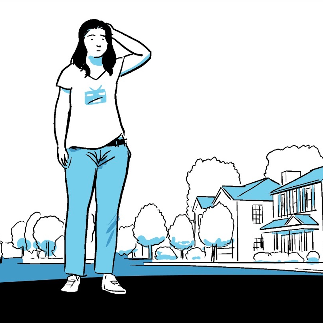 And illustration of a teenage girl, wearing a T-shirt in jeans, standing in the middle of a suburban street