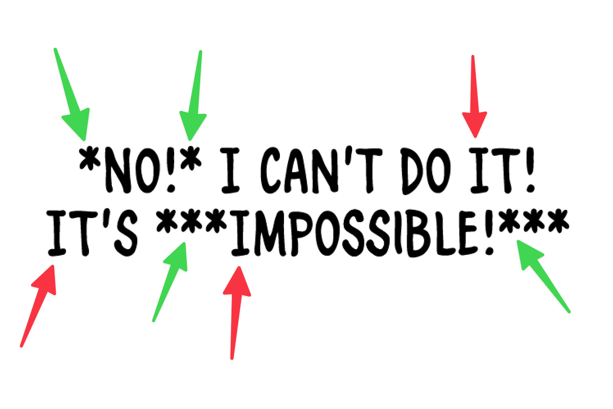 Hand-lettered text with visible Fountain asterisks (*NO!* ***IMPOSSIBLE!***). Green arrows mark asterisks, red arrows mark capital I's.