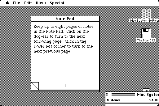 A screen shot of the "Note Pad" desk utility in Classic Mac OS. 