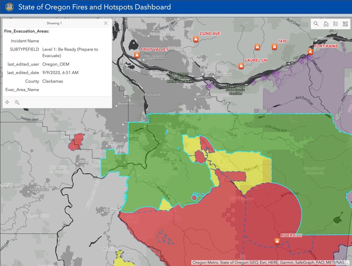 State of Oregon Fires and Hotspots Dashboard Map